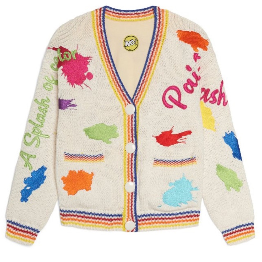 NO! Jeans Paint Splatter Cardigan Size 5 Artsy Colorful 80s Retro Teacher